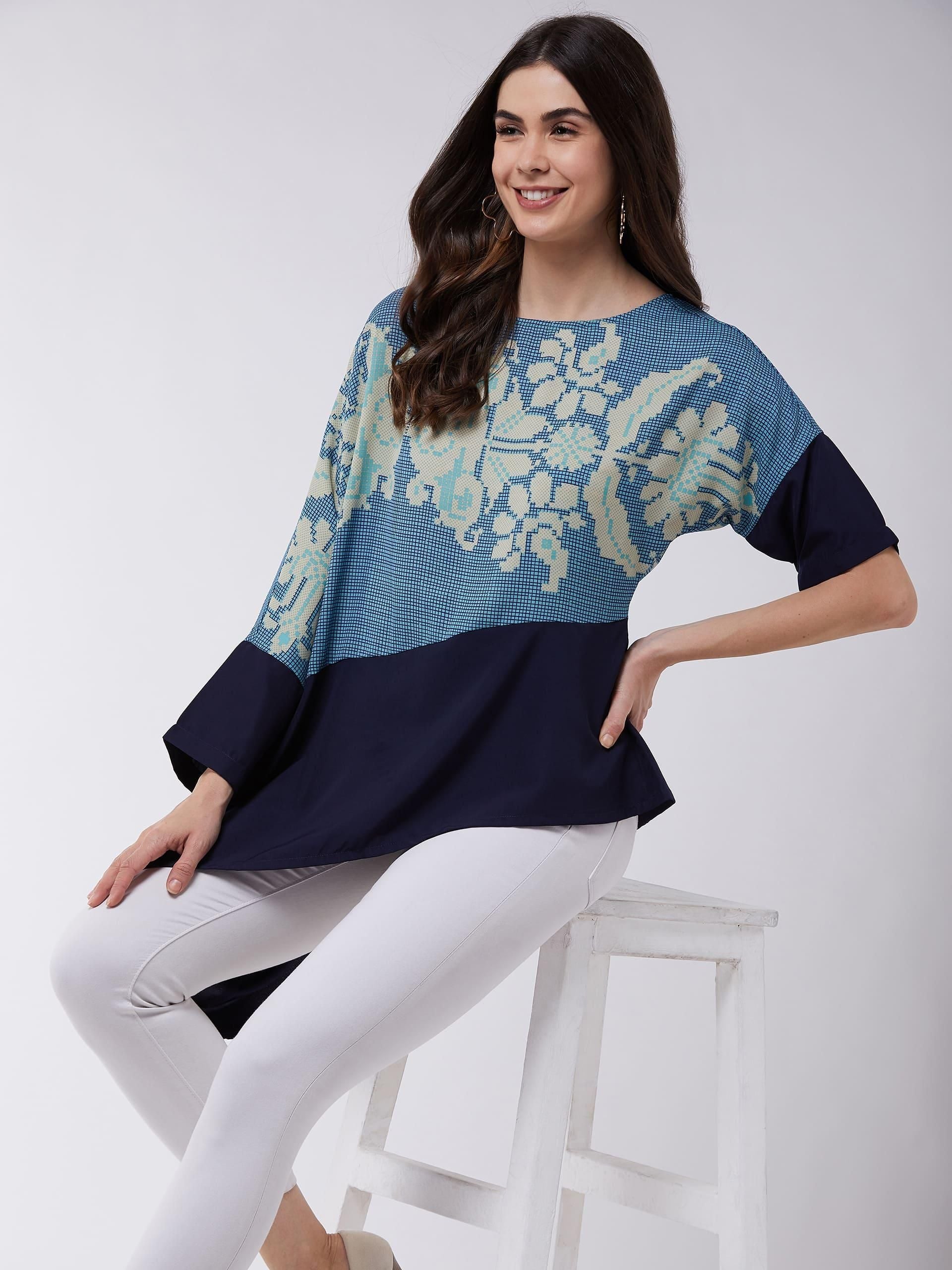 PANNKH Asymmetric Printed Blue Loose Top