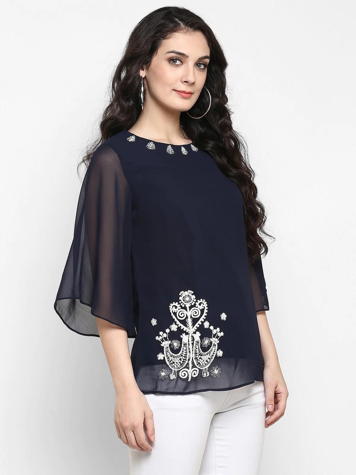 PANNKH Navy Blue Embroidered Sheer Top