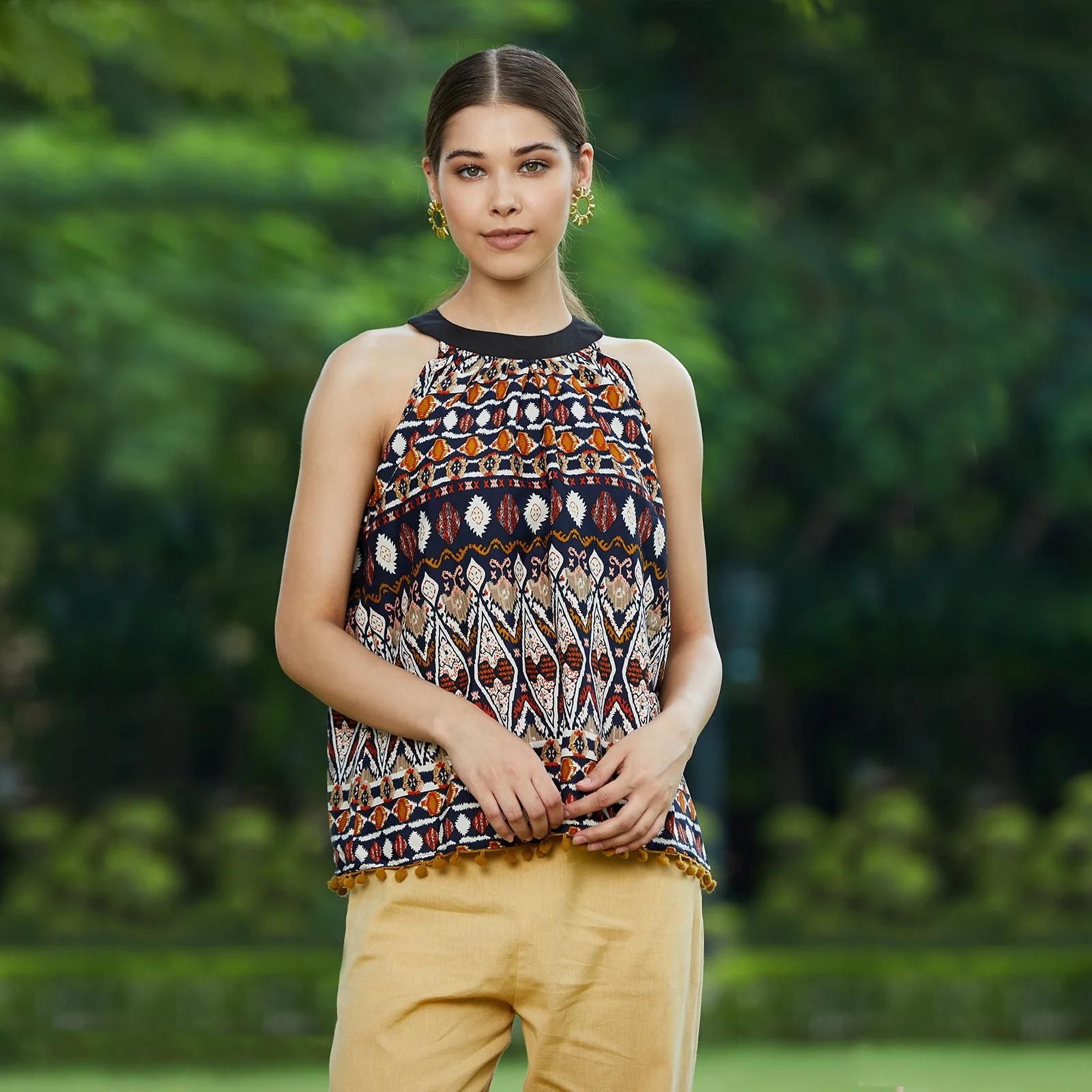 PANNKH Mustard Ikat Tassel Top