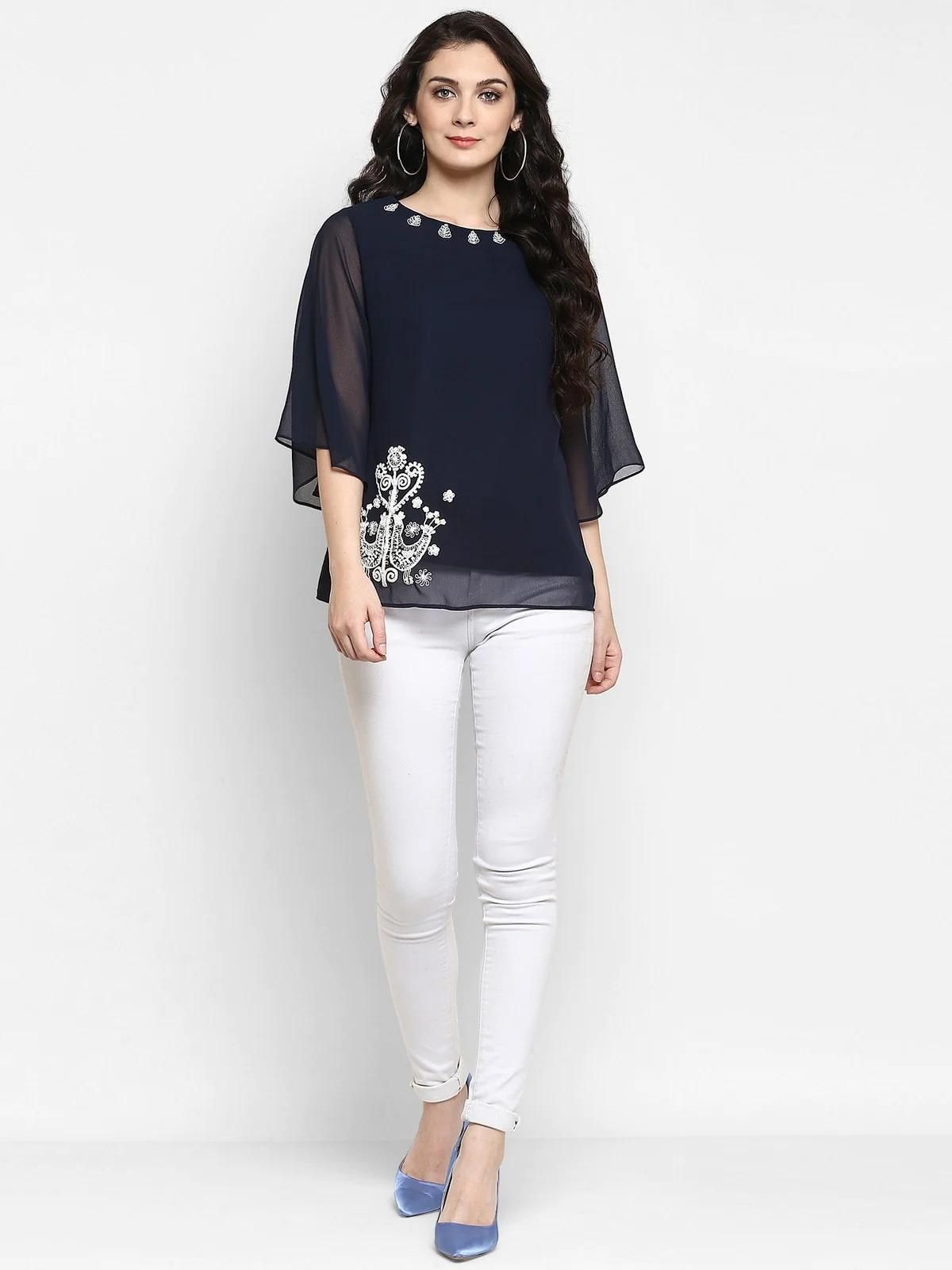 PANNKH Navy Blue Embroidered Sheer Top