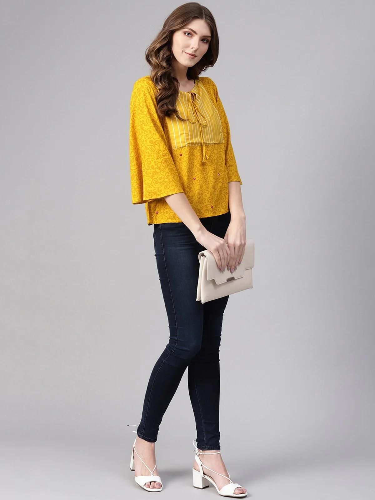 PANNKH Yellow Flamingo Printed Top With Yoke