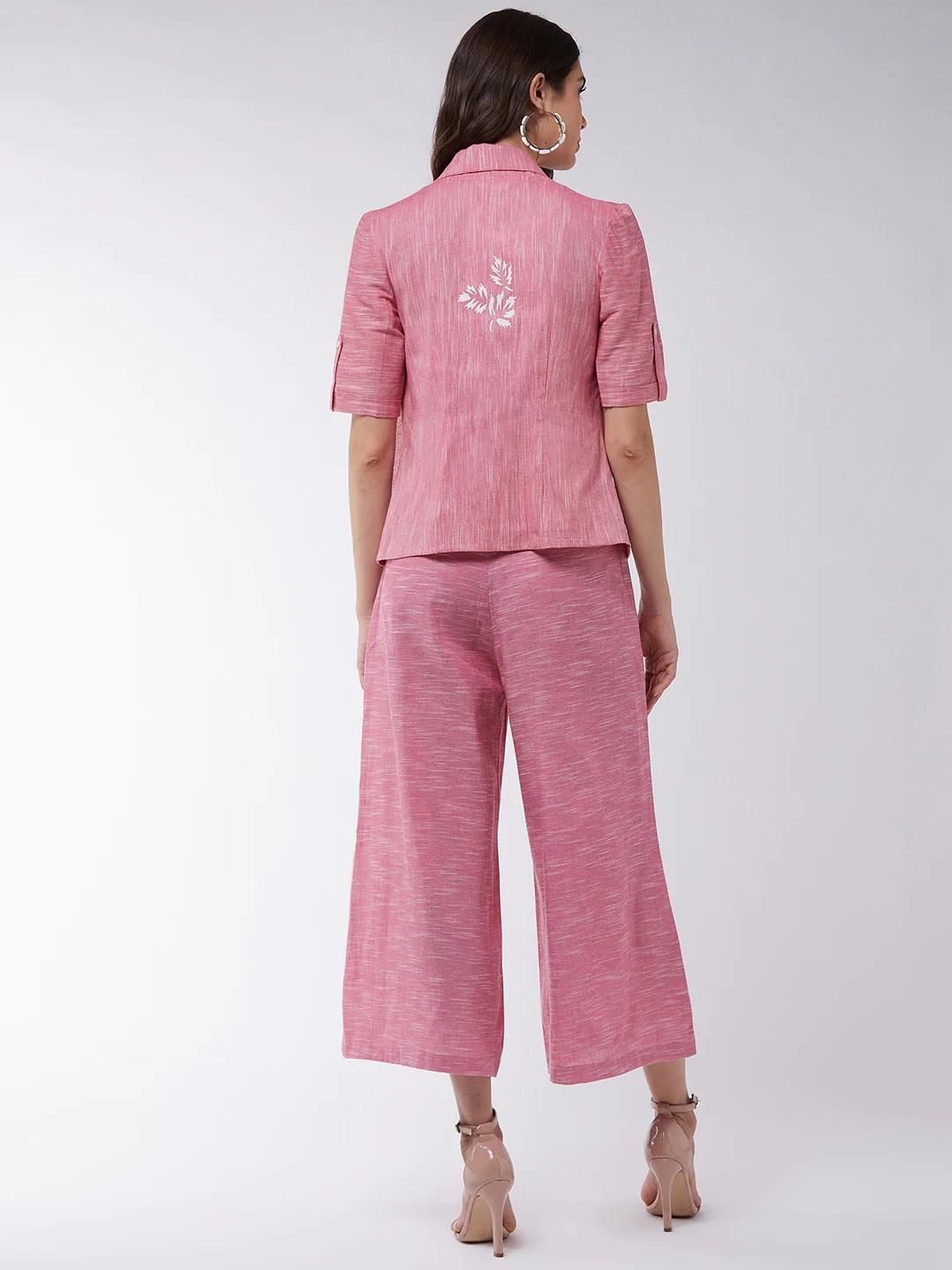 PANNKH Pink Chambray Printed Blazer With High Waist Pant Set