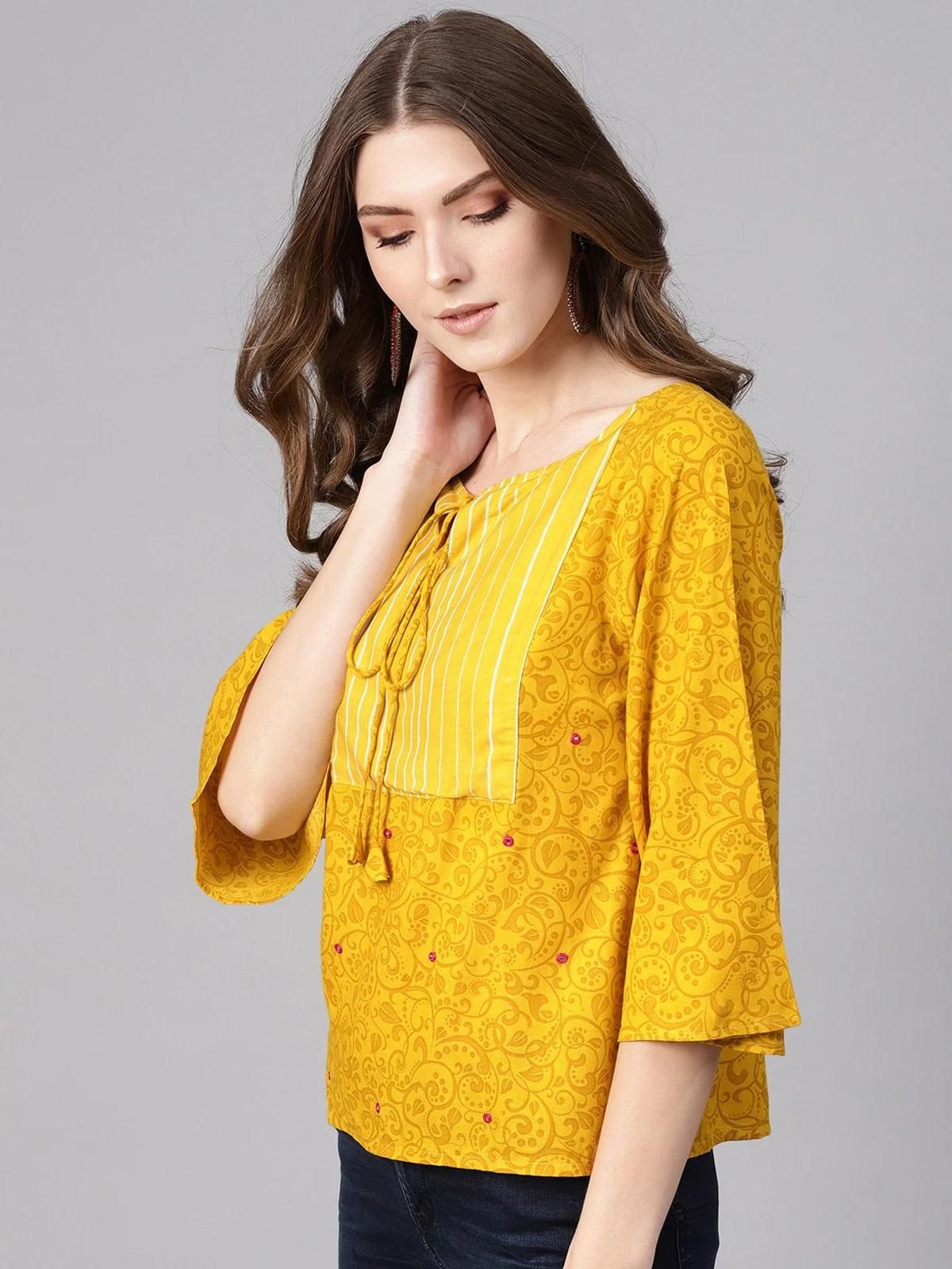 PANNKH Yellow Flamingo Printed Top With Yoke