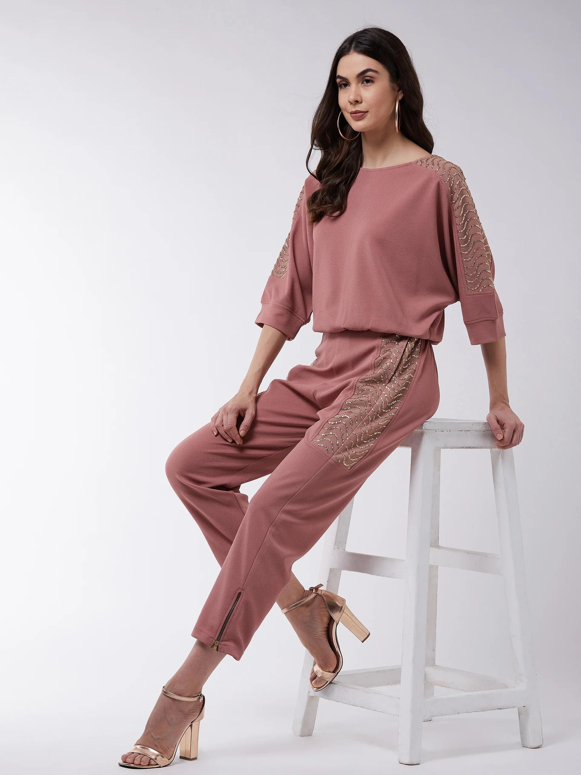 PANNKH Pink Solid Loose Top And Pant Set With Shimmer Details