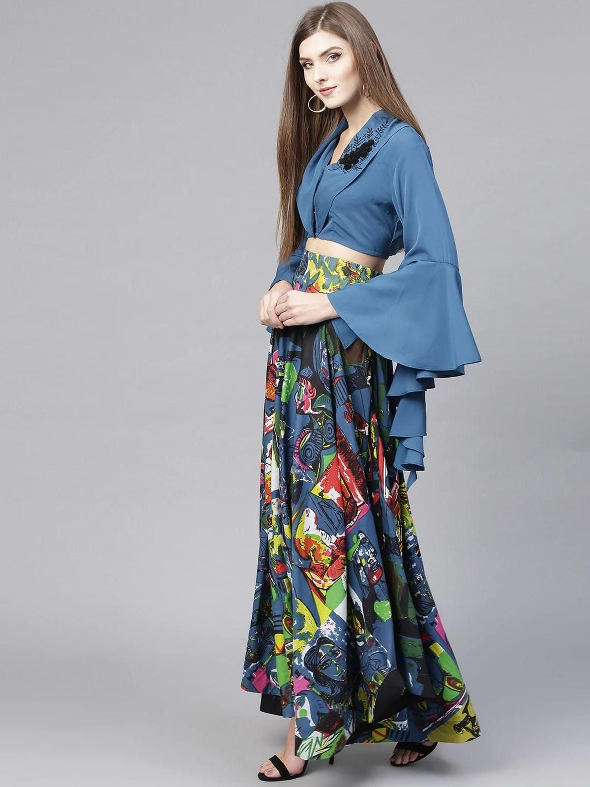 PANNKH Embroidered Crop Top With Blue Picasso Printed Skirt