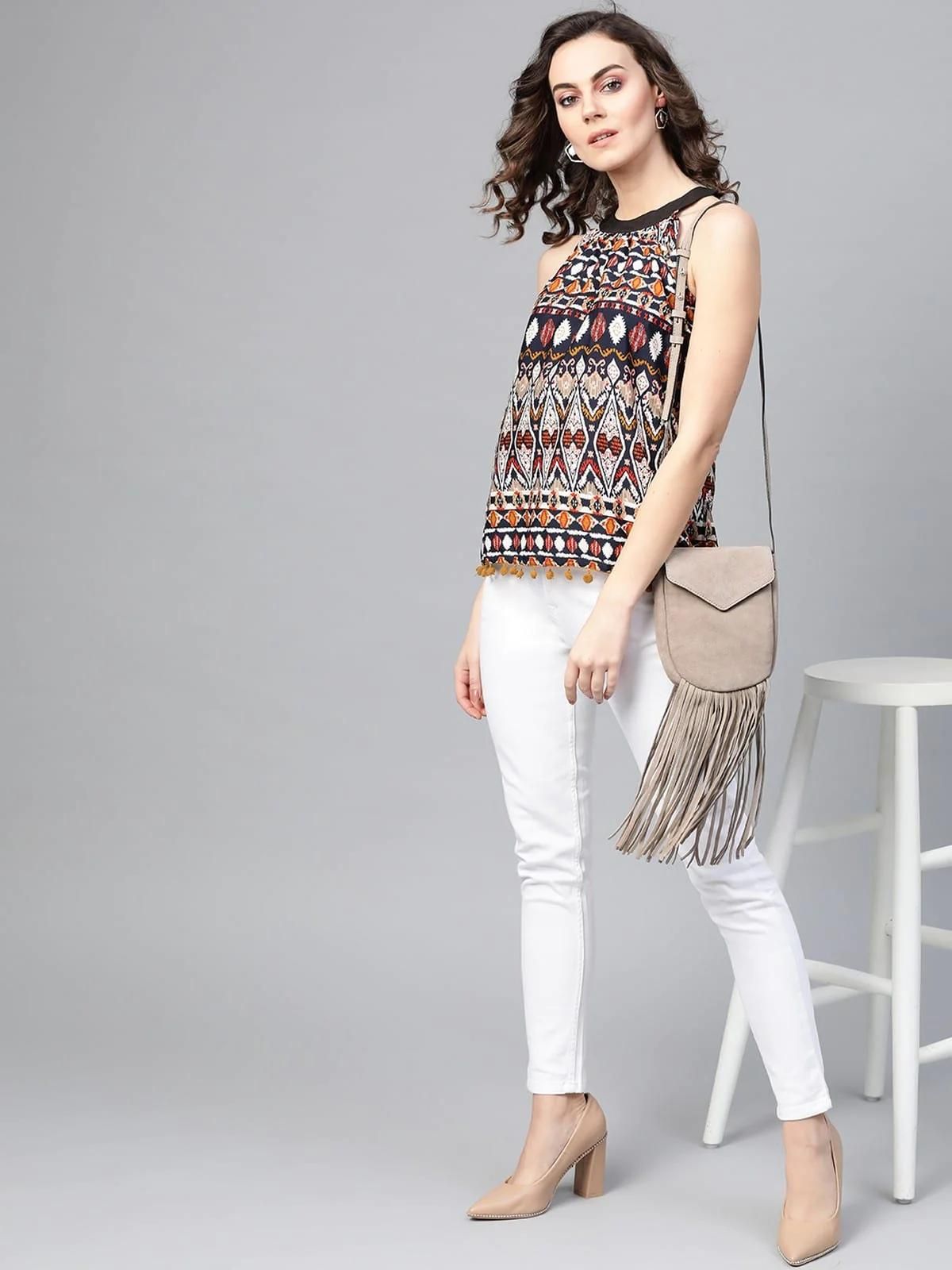 PANNKH Mustard Ikat Tassel Top