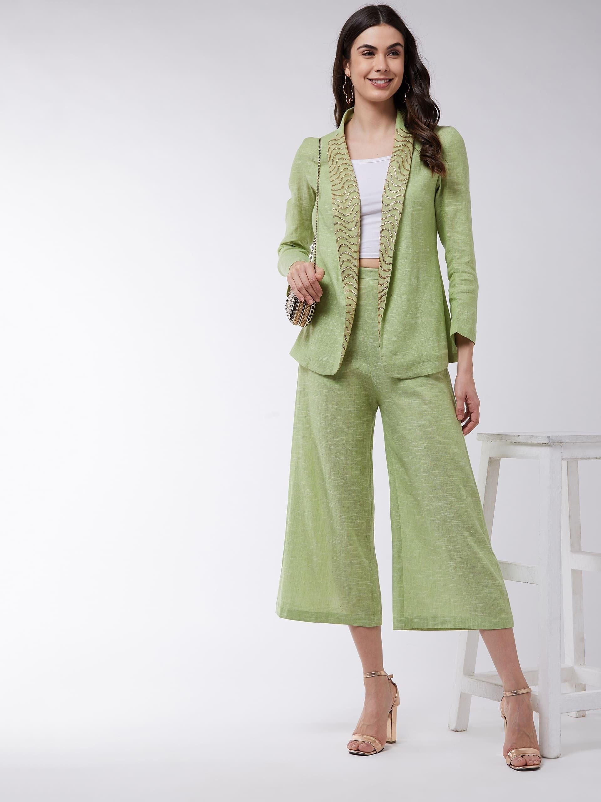 PANNKH Green Solid Pastel Blazer And Pant Set