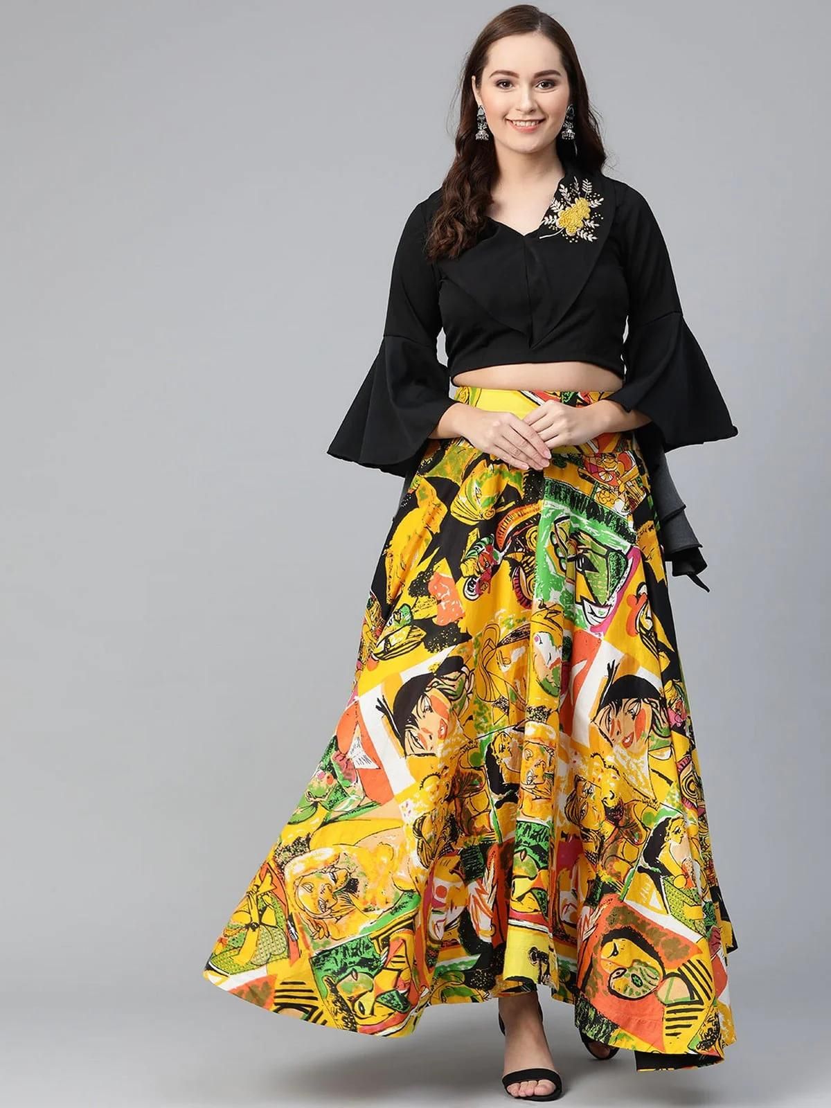 PANNKH Embroidered Crop Top With Yellow Picasso Printed Skirt