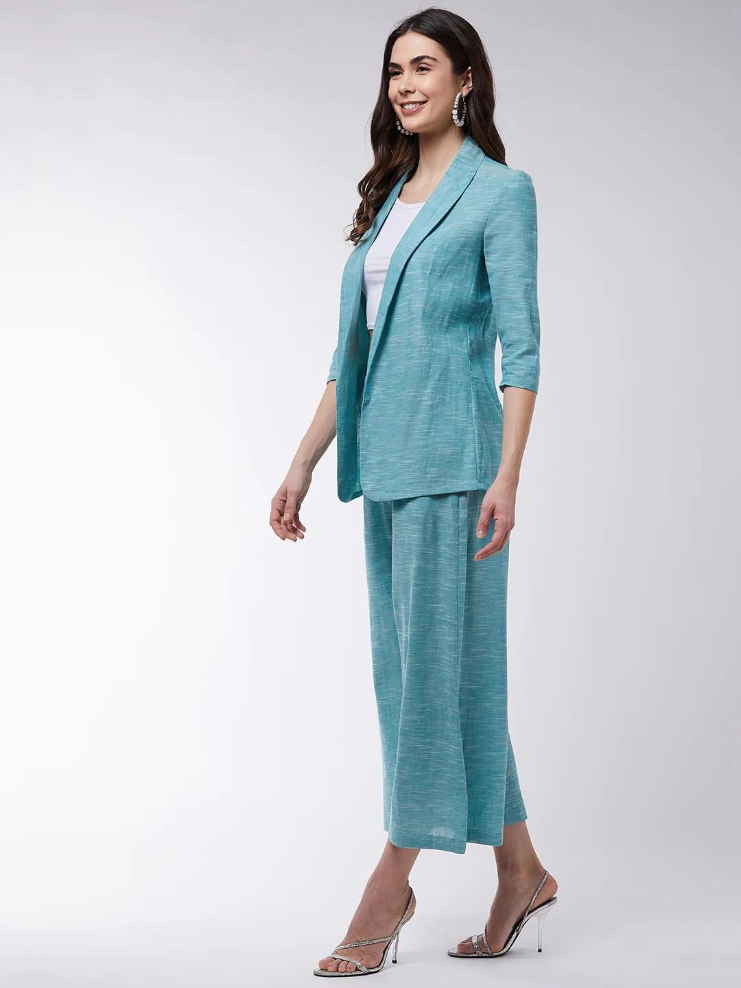 PANNKH Green Chambray Long Blazer And Pant Set