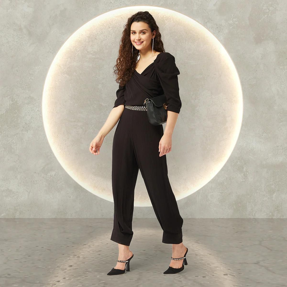 PANNKH Black Solid Ruffle Sleeves Stylish Jumpsuit