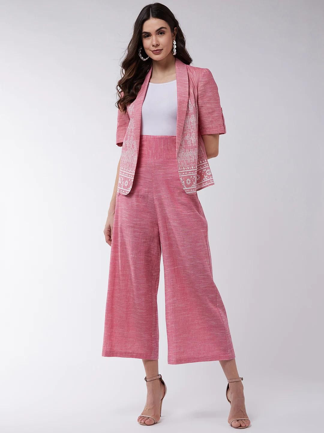 PANNKH Pink Chambray Printed Blazer With High Waist Pant Set